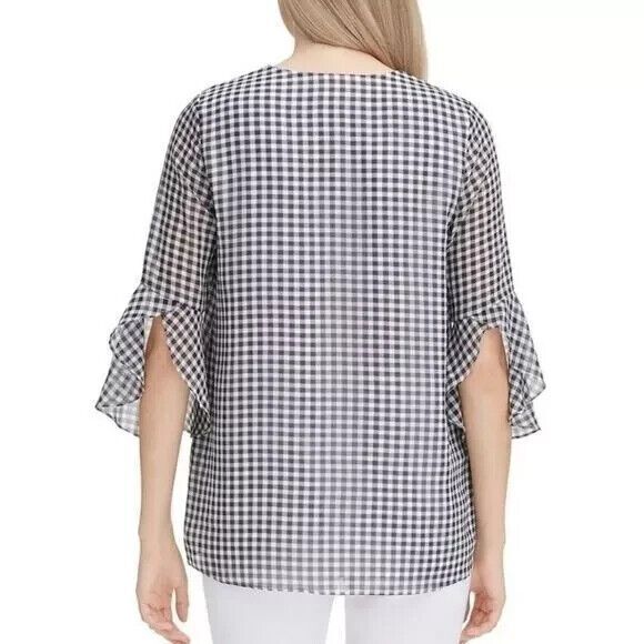 Calvin Klein chiffon flare sleeve gingham tunic top womens Size XL black white - Picture 2 of 11